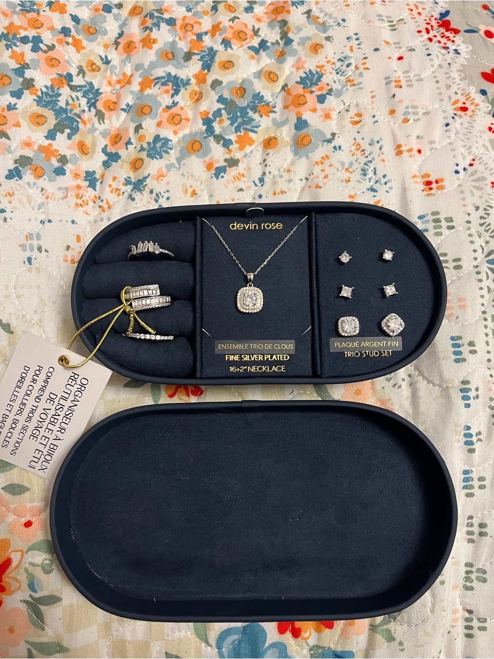 Silver-Plated Sparkling Necklace, Ring & Earring Trio in Silver
